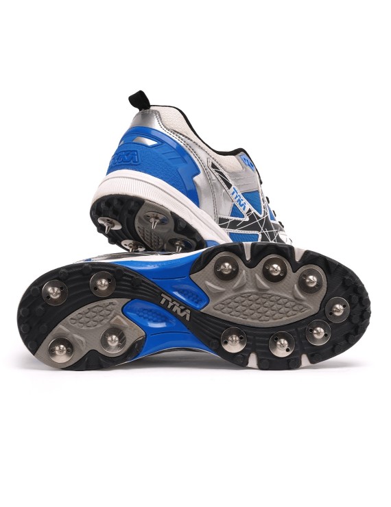 Tyka Strike 320+L Metal Spikes Cricket Shoes (White Blue) 