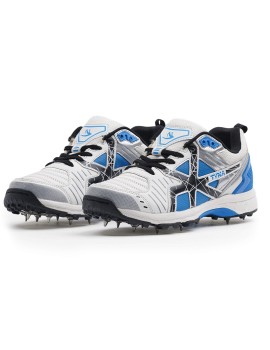 Tyka Strike 320+L Metal Spikes Cricket Shoes (White Blue) 