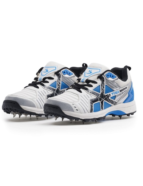 Tyka Strike 320+L Metal Spikes Cricket Shoes (White Blue) 